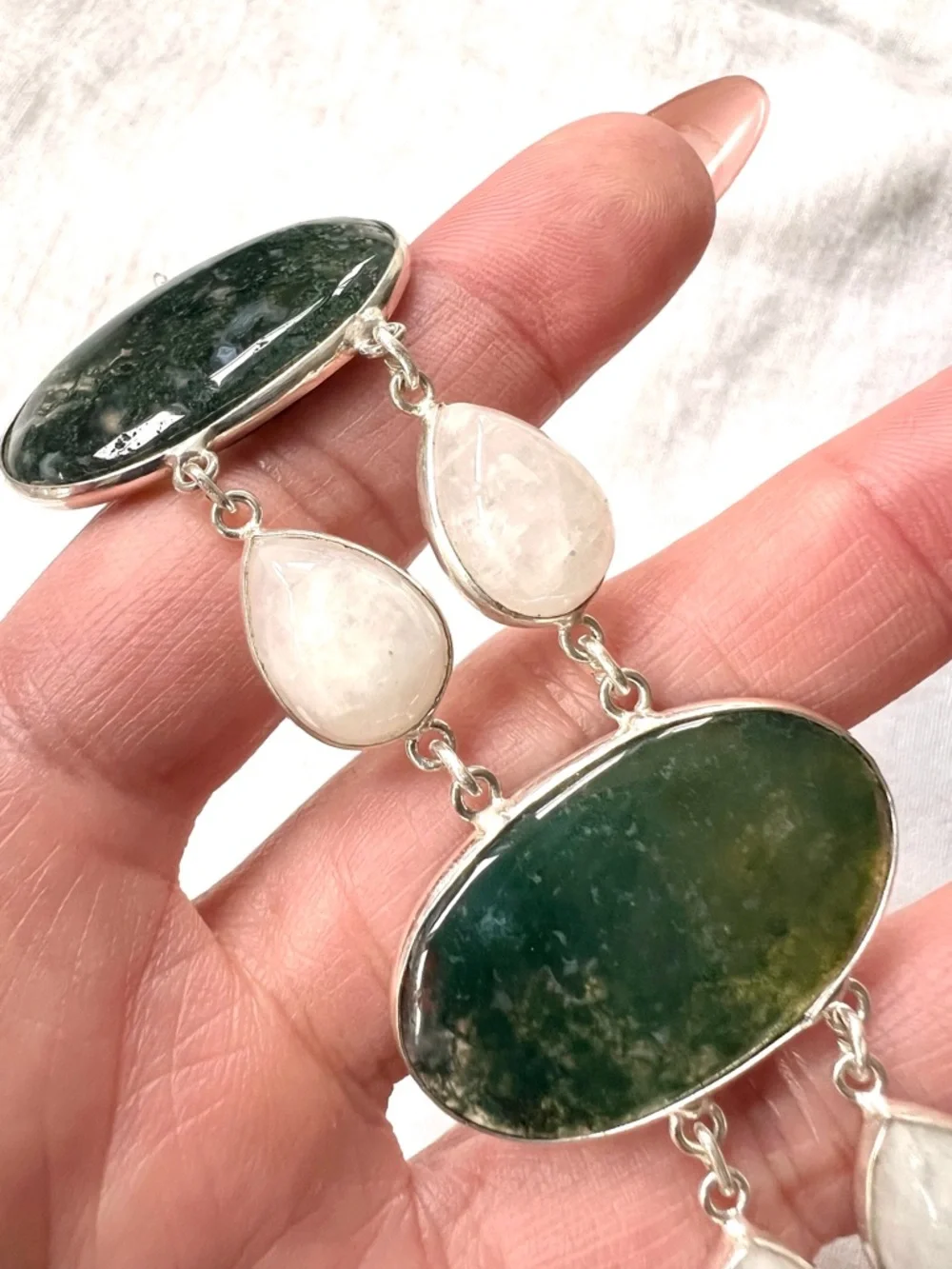 925 Earth Stone MOSS AGATE + Rainbow Moonstone Bracelet 7”-8.5” - Picture 6 of 12